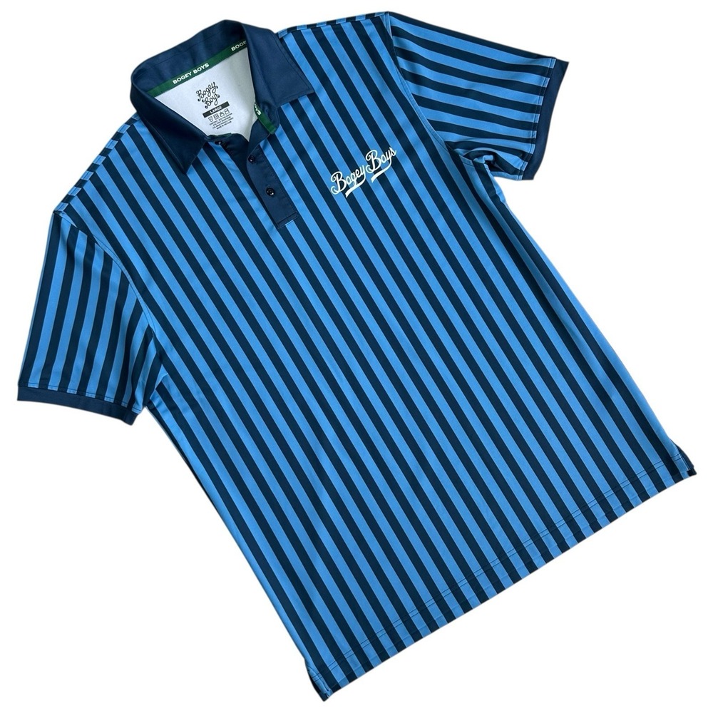 Bogey Boys Golf Awning Stripe Polo Shirt Men L Blue Macklemore Performance